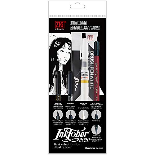 Kuretake Zig Inktober Special Set, 2 Brush Pens And 2 Fineliner Pens For Manga Drawing, Lettering And Calligraphy, Flexible Brush Tip, Professional Artist Quality, Non Toxic, Odourless, Made In Japan