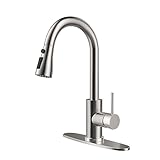 BASDEHEN Single Handle High Arc Brushed Nickel Pull Out Kitchen Faucet, Single Level Stainless Steel Kitchen Sink Faucet with Pull Down Sprayer and 10 Inch Deck (Brushed Nickel)