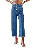 Sidefeel Women's Wide Leg Jeans High Waisted Stretchy Capri Pants Buttoned Loose Denim Pants with Pocket Blue Size 16