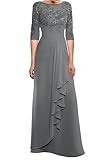 Lace Grey Mother of The Bride Dress Long Ruffled Chiffon Formal Evening Gown with Sleeves Size 4