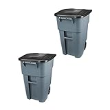 Rubbermaid Commercial Products BRUTE Rollout Heavy-Duty Wheeled Trash/Garbage Can, 50-Gallon, Gray, for Restaurants/Hospitals/Offices/Warehouses/Garage, Pack of 2