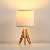 DEWENWILS Mid Century Bedside Lamp, Small Tripod Table Lamp with Linen Fabric Shade, Wood Nightstand Lamp for Nursery, Living Room, Bedroom, End Table, UL Listed, 14.2 Inch, ON/Off Switch