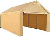 Abba Patio 10 x 20 ft Carport Heavy Duty Carport with Removable Sidewalls & Doors Portable Garage Extra Large Car Canopy for Auto, Boat, Party, Wedding, Market stall, with 8 Legs, Khaki