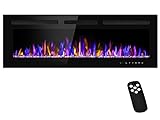 BETELNUT 50' Electric Fireplace Wall Mounted and Recessed with Remote Control, 750/1500W Ultra-Thin Wall Fireplace Heater W/Timer Adjustable Flame Color and Brightness, Log Set & Crystal Options