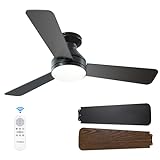 Amico Ceiling Fans with Lights, 42 inch Low Profile Ceiling fan with Light and Remote Control, Flush Mount, Reversible, 3CCT, Dimmable, Noiseless, Black Ceiling Fan for Bedroom, Indoor/Outdoor Use