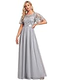Ever-Pretty Women's Formal Dresses Crew Neck Sequin Ruffle Sleeve Empire Waist Beaded Long Evening Dresses Grey US10