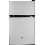 GE Mini Fridge With Freezer | 3.1 Cubic Ft. | Double-Door Design With Glass Shelves, Crisper Drawer & Spacious Freezer | Small Refrigerator Perfect for the Garage, Dorm Room, or Bedroom | Clean Steel