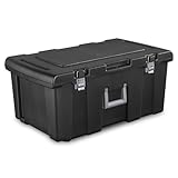 23 Gallon Lockable Storage Tote Footlocker Toolbox Container Box with Wheels, Handles, Metal Hinges, and Latches, Black with Gray Clips