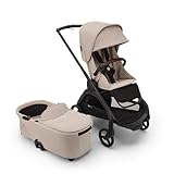 Bugaboo Dragonfly City Stroller with Full-Size Baby Bassinet and Toddler Seat, One Hand Easy Fold in Any Position, Full Suspension, Large Basket, Black Chassis and Desert Taupe Sun Canopy