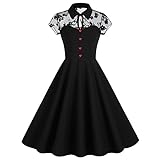 Black Peter Pan Collar Dress for Women Sheer Mesh Sleeve Vintage Dress Heart Buttons Bow Tie Neck Keyhole Patchwork Floral Embroidered Dress Illusion Fit Flare A line Short Prom Dress Black Floral M