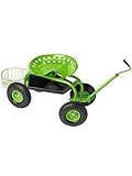 Gardener's Supply Company Deluxe Tractor Scoot with Bucket Basket Holder - Heavy Duty Rolling Garden Stool & Cart with Adjustable Steering Handle Swivel Seat & Utility Tray - Green