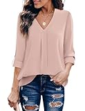 Youtalia Blouse Shirts for Women, Ladies Casual Solid Color Chiffon Blouse Cuffed Sleeve V Neck Pleats Lightweight Soft Tunic for Leggings (Large, Dark Pink)
