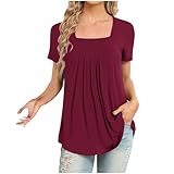 Tunic for Overstock Outlet, Tunic Tops for Women Loose Fit Dressy, Casual Blouses, Summer 2024 Trendy, Pleated Tops for Hide Belly, Square Neck, Wine, Plus Size 3X