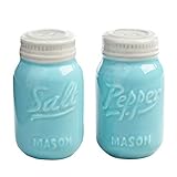 World Market Ceramic Mason Jar Salt and Pepper Shaker - Great Kitchen Accessories 1 Salt and 1 Pepper Jar - Retro Table Countertop and Kitchen Decor Wrap for Holiday Giveaways, and Souvenirs - Blue