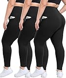 3 Pack Plus Size Leggings with Pockets for Women - High Waisted Tummy Control Spandex Soft Black Workout Yoga Pants