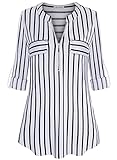 Bulotus 3/4 Sleeve Shirts for Women Dressy, Womens tops and Blouses Business Casual Long Tops to Wear with Leggings V Neck Zipper Summer Fall Shirts, Stripe, XX-Large