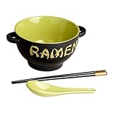 World Market Japanese Ceramic Ramen Bowl Set - 4-pc Green Rooster Noodle Bowl with Soup Spoon and Chopstick - Soup Bowls for Noodle Soup, Ramen, Udon, Miso, Thai, Curry, Soba, Pho Soup - 17 Ounce
