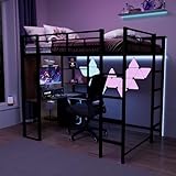 Merax Full Size Metal Loft Bed with 2 Shelves and one Desk,Noise Free,No Box Spring Needed,Black