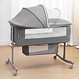 Bedside Crib for Baby, 3 in 3 Bassinet with Large Curvature Cradle, Bedside Sleeper Adjustable and Movable Beside Bassinet with Mosquito Nets, Safety Certificattion Guarantee (Grey)