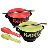 World Market Japanese Ceramic Ramen Bowl Set of 2 - Soup Spoon and Chopsticks - Serving Bowls for Noodle, Ramen, Udon, Miso, Thai, and Pho Soup 17.5 Ounce Red Dragon and Green Rooster