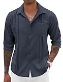 COOFANDY Linen Shirts for Men Button Up Long Sleeve Cubavera Guayabera Shirts Vacation Resort Top Navy Blue