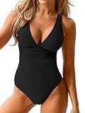CUPSHE Women's One Piece Swimsuit Wide Straps V Neck Ruched Textured Ribbed Twist Back, S Black