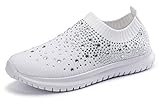 GOSPT Women's Mesh Walking Shoes Rhinestone Glitter Slip On Ballroom Jazz Latin Dance Sock Sneakers White 9