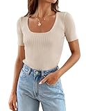 ZESICA Women's 2024 Short Sleeve Square Neck T Shirts Slim Fitted Summer Ribbed Knit Basic Casual Tee Tops,Sand,Medium
