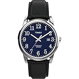 Timex Men's Easy Reader 38mm Watch – Silver-Tone Case Blue Dial with Black Leather Strap