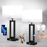 Lamps for Bedrooms Set of 2 Touch Control Table Lamp with USB C+A Charging Ports, 3 Way Dimmable Bedside Nightstand Lamps Modern Living Room Lamps for End Tables Night Stand Lamps, White&Black