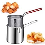 Stainless Steel Cooking Pot Deep Fryer with Basket, Fry Pot with Handle, Durable Food Grade Outdoor Mini Deep Fryer Pot with Perforated Strainer Basket for Seafood, Chicken