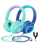 iClever 2Pack Kids Headphones with Sharing Splitter - 94dB Safe Volume Limited - HS22 Wired Headphones for Kids Teens, Tangle-Free 3.5mm Jack Foldable Stereo Headphones for School/Tablet/Travel
