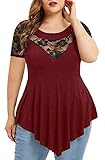 Chvity Womens Plus Size Tops O-Neck Asymmetric Short Sleeve Tunics Lace Blouse Shirts for Summer 4X Wine Red