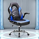 OLIXIS Computer Gaming Chair PU Leather Ergonomic Lumbar Support with Flip-up Armrest and 360° Swivel Wheels, Height Adjustable Task Home Office Desk Video Racing, 25.98D x 25.39W x 41.73H, Black-blue