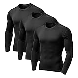 3 Pack Men's Compression Shirts Long Sleeve Athletic Base Layer Running Top UV Sun Protection Outdoor Work Out Shirts Black Large