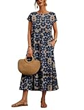 Larmliss Baggy Crew Neck Dress for Women Summer Casual Comfy Cotton Short Sleeve Tunic Beach Maxi Dresses with Pockets