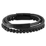 Reeds Black Onyx and Lava Bead, Leather, and Black Ion-Plated Stainless Steel Triple Wrap Bracelet | 8.5 Inches | Men's