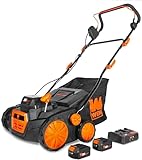 WEN 20V Max Cordless 15-Inch 2-in-1 Brushless Electric Dethatcher and Scarifier with Collection Bag, Two 4.0 Ah Batteries, and Dual-Port Charger (20716)