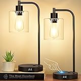 Set of 2 Industrial Touch Control Table Lamps with 2 USB Ports and AC Outlet - 3-Way Dimmable Black Bedside Lamps Nightstand Desk Lamps for Bedroom Living Room, Glass Shade & 2 LED Bulbs Included