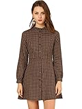 Allegra K Women's Vintage Check Ruffle Neck Button Down Long Sleeve A-Line Dress Small Brown
