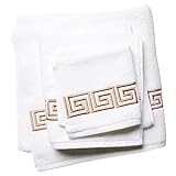 ONE KINGS LANE 3-PC Tan Greek Key Motif Spa Combed Cotton Guest Towel Set - Premium Super and Thick Soft Washcloth, Hand Towel, Bath Towel for Bathroom