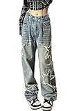 AULKEEP Womens Star Print Gradient Jeans Loose Ripped Graphic Pants Punk High Waist Bottom Jeans with Pocket