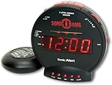 Sonic Bomb Dual Extra Loud Alarm Clock with Bed Shaker, Black | Sonic Alert Vibrating, Heavy Sleepers, Battery Backup | Wake with a Shake