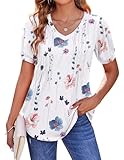 Zeagoo Women's Puff Short Sleeve Tunic Tops Pleated Floral Print V Neck Blouses Dressy Casual Loose Summer T-Shirts