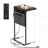 Evermagin C Shaped End Table with Charging Station, Small Couch Side Table with Storage Bag, Power Outlet and USB, Sturdy Slide Under Sofa Table with Metal Frame for Living Room & Bedroom,Rustic Brown