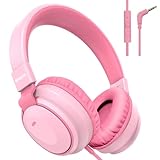 Mokata Headphone Kids Volume Limited 85/96dB Wired Over-Ear/On-Earr Foldable Headset with Inline Cable Aux 3.5mm Cord Mic for Boy Girl Child School PC Notebook Tablet Pink