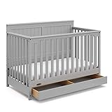 Graco Hadley 5-in-1 Convertible Crib with Drawer (Pebble Gray) – GREENGUARD Gold Certified, Crib with Drawer Combo, Full-Size Nursery Storage Drawer, Converts to Toddler Bed, Daybed