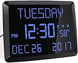 Digital Wall Clock, 11.5' Extra Large Display Calendar Alarm Day Clock with Date and of Week, Temperature,2 USB Chargers,3 Alarms, 5 Dimmer& 12/24Hr LED Desk for Office, Living Room, Bedroom, Elderly