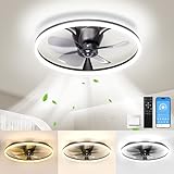 20'' Flush Mount Ceiling Fans with Lights and Remote, 150° Ultra Wide Low Profile Ceiling Fan with 6 Speeds, 3000-6500K Dimmable Led for Bedroom Livingroom, Black