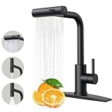 FORIOUS Black Kitchen Faucet, Kitchen Faucets with Pull Down Sprayer, Stainless Steel Kitchen Sink Faucet 3 in 1 Function, Waterfall Modern Faucet for Kitchen Sink, Bar, Laundry, Rv,Matte Black